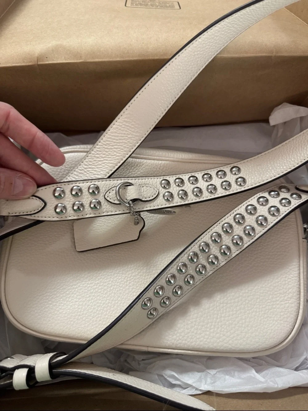 Coach Crossbody White Leather Studded Strap Satchel Purse Bag‎ NWT & Box